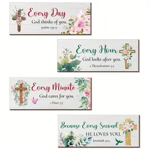 Set of 4 Inspirational Bible Verse Wall Art - 2D Flat Wooden Scripture Plaques for Religious Floral Cross Decorations, Non-Electric Home Decor - Perfect for Living Room, Bedroom, Toilet, and Bathroom - Country Cottage Wall Decor