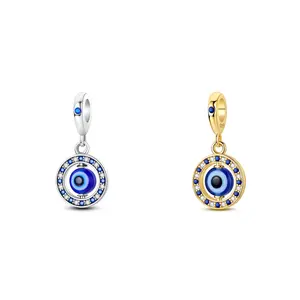 MULA 925 Silver-plated Rotating Evil Eye Pendant | Blue Resin and Sparkling Zirconia | Protection Amulet Charm | Fits Pandora Bracelets and Necklaces | Mysterious Jewelry Gift