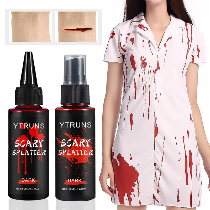 Ytruns 2-Piece Washable Halloween Makeup Kit - 1.76oz Dark Fake Blood Spray, Dripping Fake Blood, Realistic Face Paint, Vampire Costumes, Scary Party Effects, Spray-On Depth Cosmetic Effects That Adds Depth
