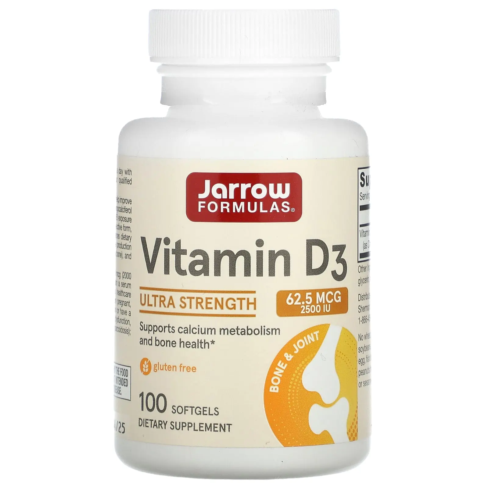 Jarrow Formulas Vitamin D3, Ultra Strength, 62.5 mcg (2,500 IU), 100 Softgels