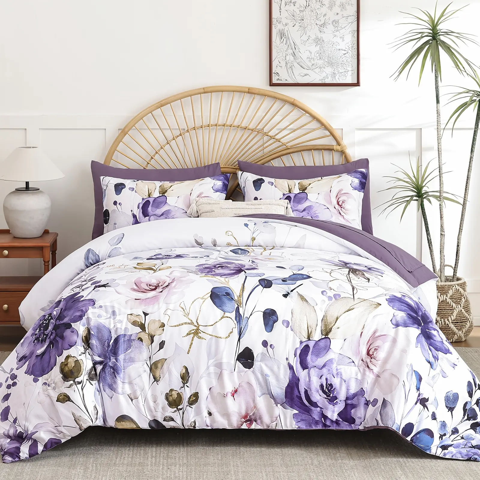 Purple Queen Comforter Set 7pcs Bed in a Bag, Soft Microfiber Floral Botanical Print Light Purple bedding with Sheets, All Season Queen Size