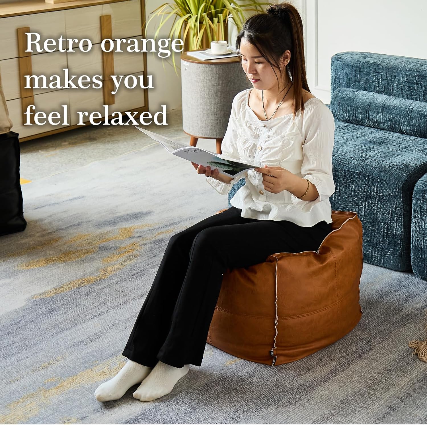 Soft Leather Pouf Ottoman Foot Rest, Unstuffed Floor Cushion with Storage, Handcrafted Foot Stool for Living Room Bedroom, Indoor Outdoor Use, 17 Inch