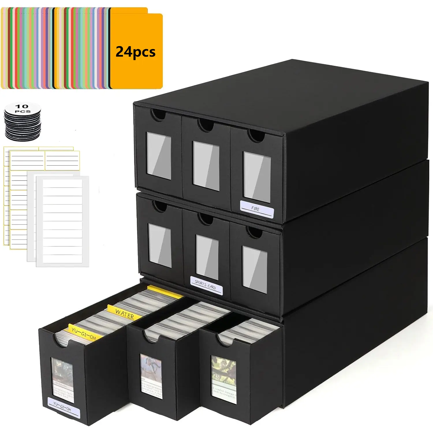 3 Drawer Card Storage Box for TCG Cards, Large Capacity Trading Card Organizer with Clear Windows & Labels, Stackable Card Holder Case for Pokémon, Sports Cards, MTG, Game Cards Collection, Durable Card Storage Cabinet with Dividers for Collectors