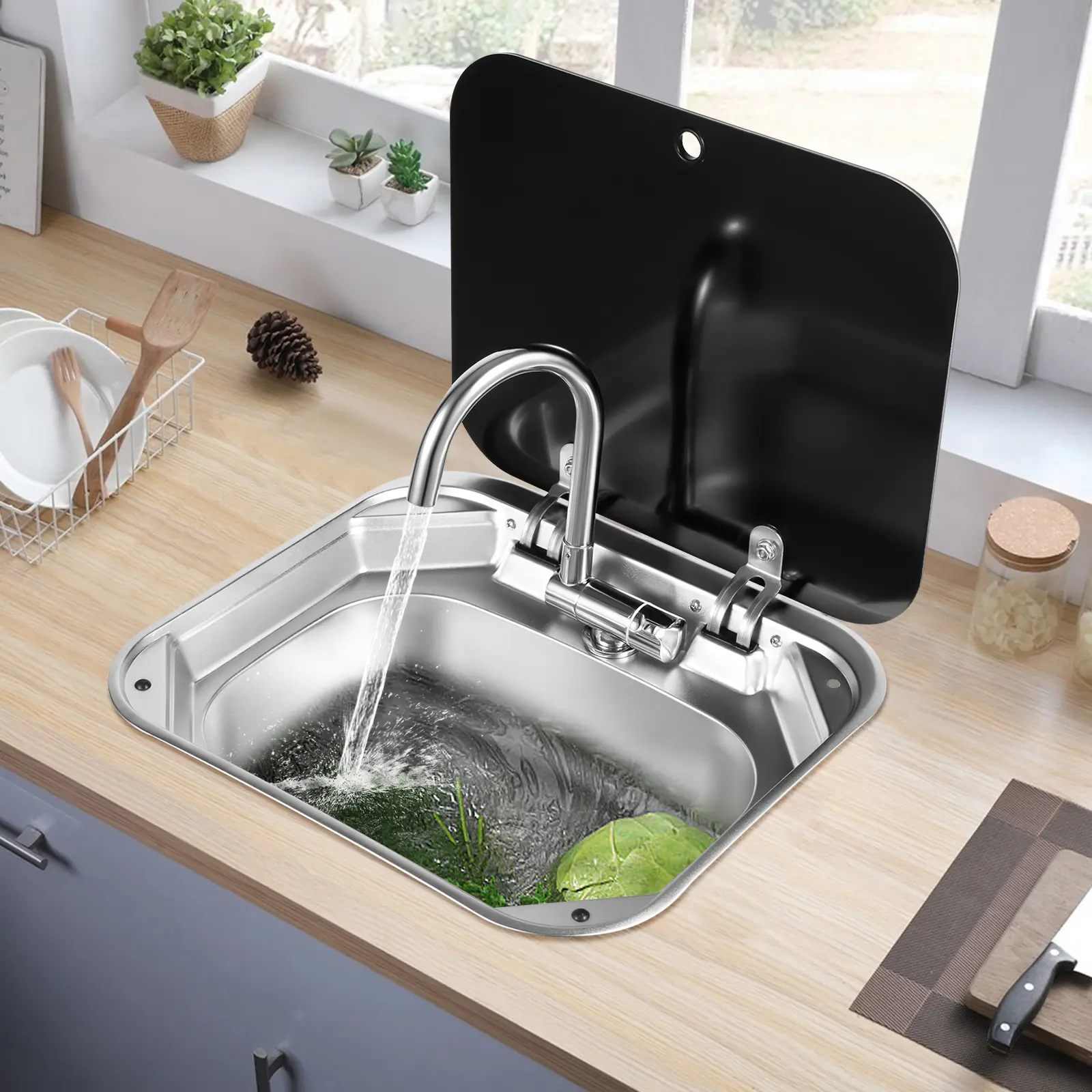 CNCEST Stainless Steel Smart Single Bowl Kitchen Sink - Compact Modern Hand Wash Basin with Foldable Faucet, Lid, Glass, Lightweight Drain Pipe, Easy to Install for RVs, Hotels, 4In Deep Pot Space