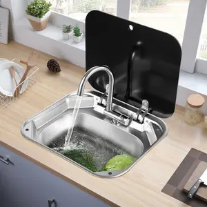 CNCEST Stainless Steel RV Sink with Folding Faucet & Lid Bar Caravan Sink Hand Wash Basin Boat Sink Compact Size Modern Design for RVs Bars Cafes
