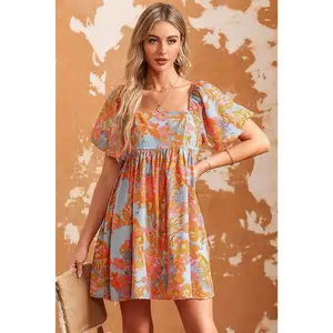 Orange High Waist Square Neck Puff Sleeve Floral Dress