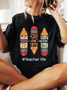Teacher Life Teach Love Inspire Pencils Inspirational Women T-Shirt Print T-Shirt Casual Crew Neck Short Sleeve Comfort Tee Top For Spring & Summer Women's Clothing