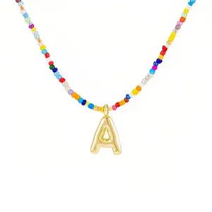 Colorful Letter Necklace, Bubble Letter Necklace, Handmade Beaded Necklace, Dainty Cute Beach Boho Necklaces for Women  Jewelry Choker Necklace