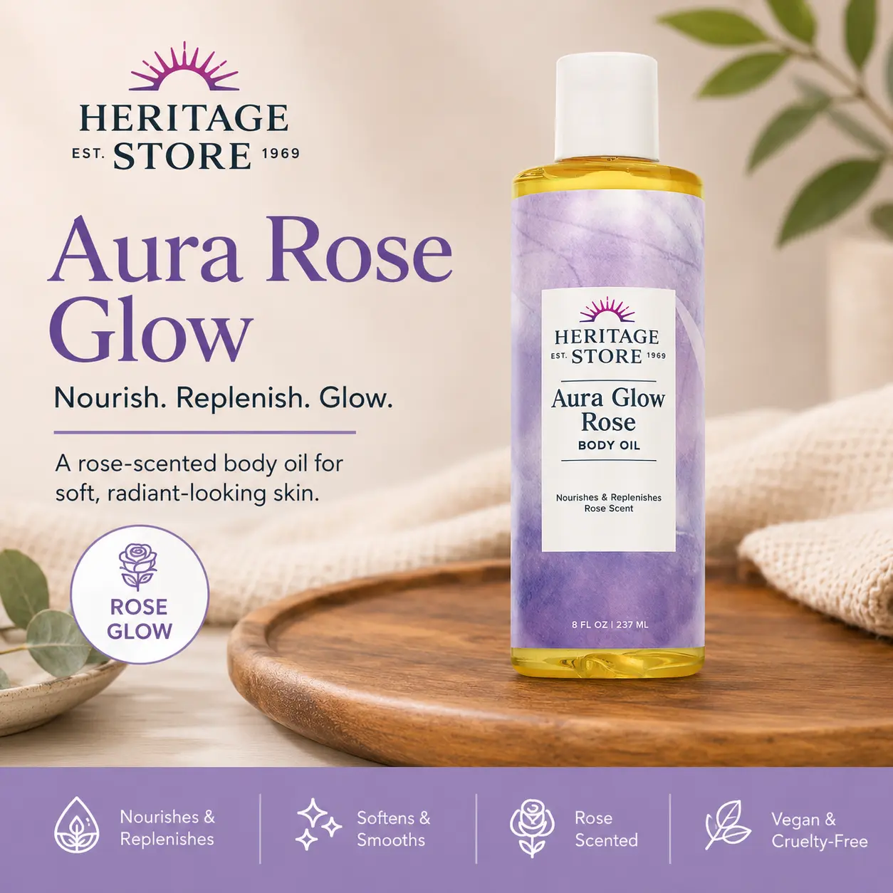 HERITAGE STORE Aura Glow Rose Body Oil, 8 FL OZ (237 mL) Scented Body Oils Blend, Soothing Nourishing Softening Self-Care Skincare Product, Soothing Body Oil
