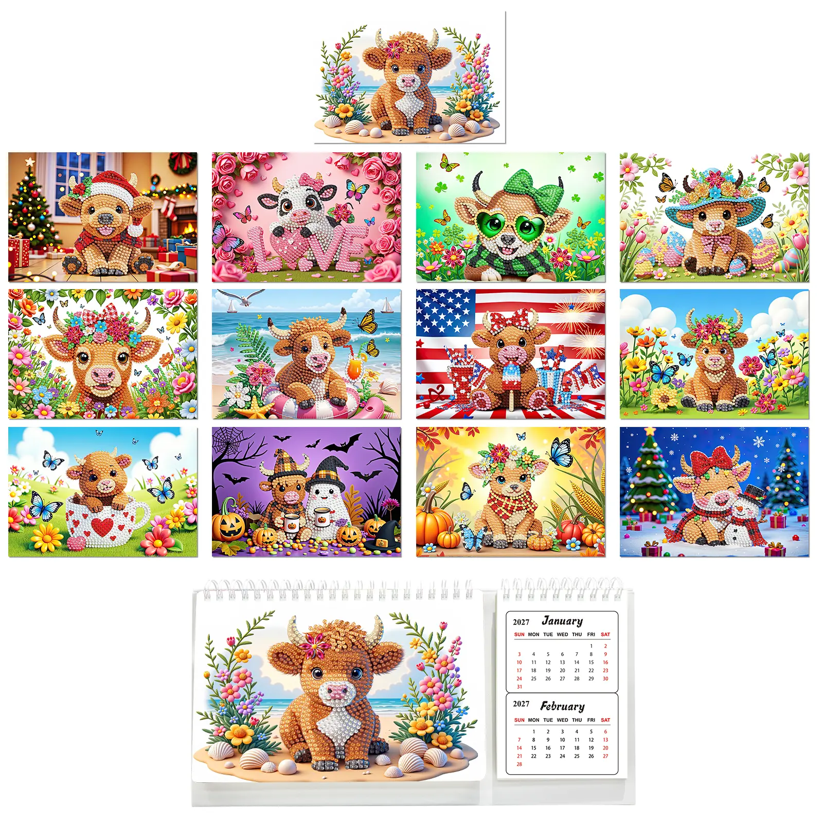 DIY Cow & Floral Rhinestones Paper Diamond Painting Desk Calendar 2027-2028, 13 Monthly Holiday Illustrations, Jan 2027-Dec 2028 Coverage, Markable Schedule Area, Unisex Handmade Craft Cross Stitching Table Ornament & Christmas Gift, Crafting, Four-Season