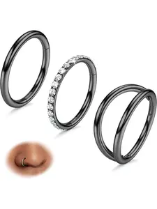 Cool 3 Pcs Black Cute Nose Rings Hoops Fashionable Double Hoop Nose Rings 316L Stainless Steel Jewelry Set for Women Men Hinged Shining CZ Piercing Jewelry Septum Clicker Rings Cartilage Earring Helix Rook Tragus Daith Jewelry Set
