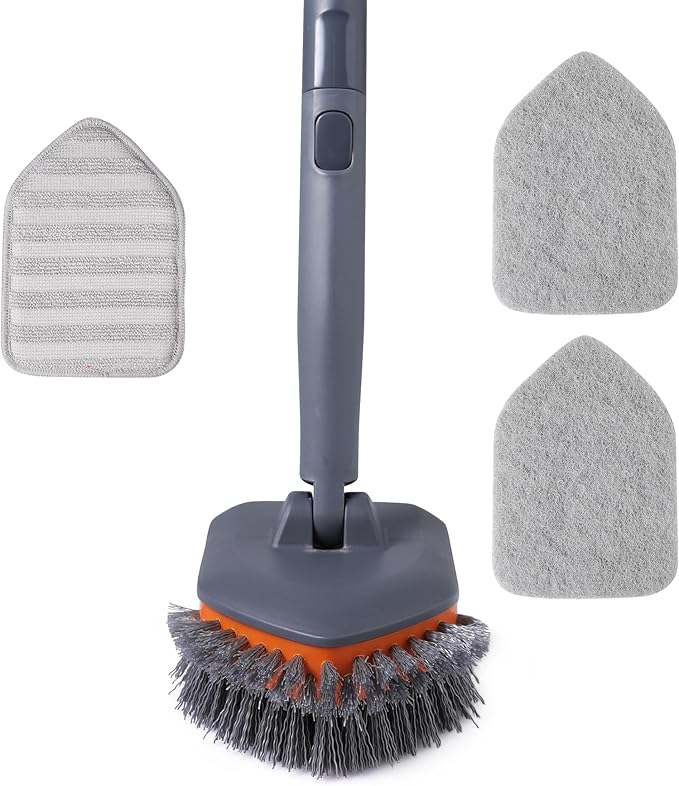 Extendable Tile & Tub Scrubber Brush with 3 Cleaning Heads – Long Handle Bathroom & Kitchen Cleaning Tool