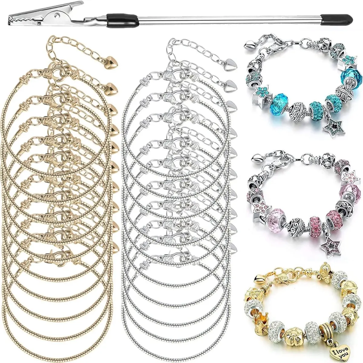 20pcs Adjustable Stainless Steel Snake Chain Charm Bracelets - Stackable, with Chain Bracelet Wearing Assistant, Heart Extender for DIY Jewelry Making, Festive & Birthday Gifts, Stackable Bracelet