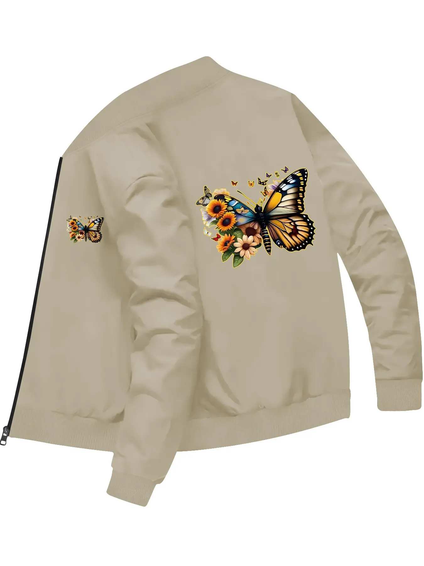 Fashion Trendy Women's Butterfly and Flower Printed Long Sleeve Crewneck Bomber Jacket Coats Outerwear for Daily Casual Outings and Versatile Wearing