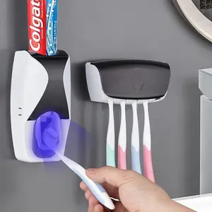 NewAutomatic Toothbrush Dispenser Wall Mount Toothpaste Squeezer and Toothbrush Holder Set for Kids Family Bathroom Use (Black)  Trend Pocket