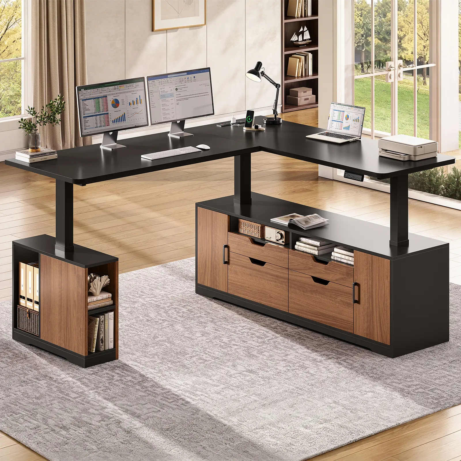 SEDETA Modern L Shaped Electric Standing Desk, 69" x 55" Height Adjustable Office Executive Desk with 4 Drawers and Storage Shelves, Sit Stand Computer Desk with Power Outlet SEDETA Modern L Shaped Electric Standing Desk, 69" x 55" Height Adjustable Office Executive Desk with 4 Drawers and Storage Shelves, Sit Stand Computer Desk with Power Outlet