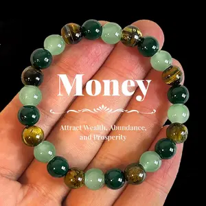 LuminaLace Jewelry wealth bracelet featuring green jadeite, green quartz, and tiger’s eye—a lucky bracelet that attracts wealth, prosperity, and abundance; blue friendship beaded jewelry protective bracelet, encouragement gift, color block beaded bracelet