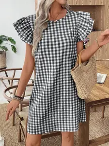 Casual Plaid Tunic Dress for Women Summer Gingham Ruffled Short Sleeve Dress