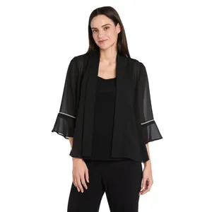 Black Pebble Georgette Jacket with Rhinestone Sleeve Trim