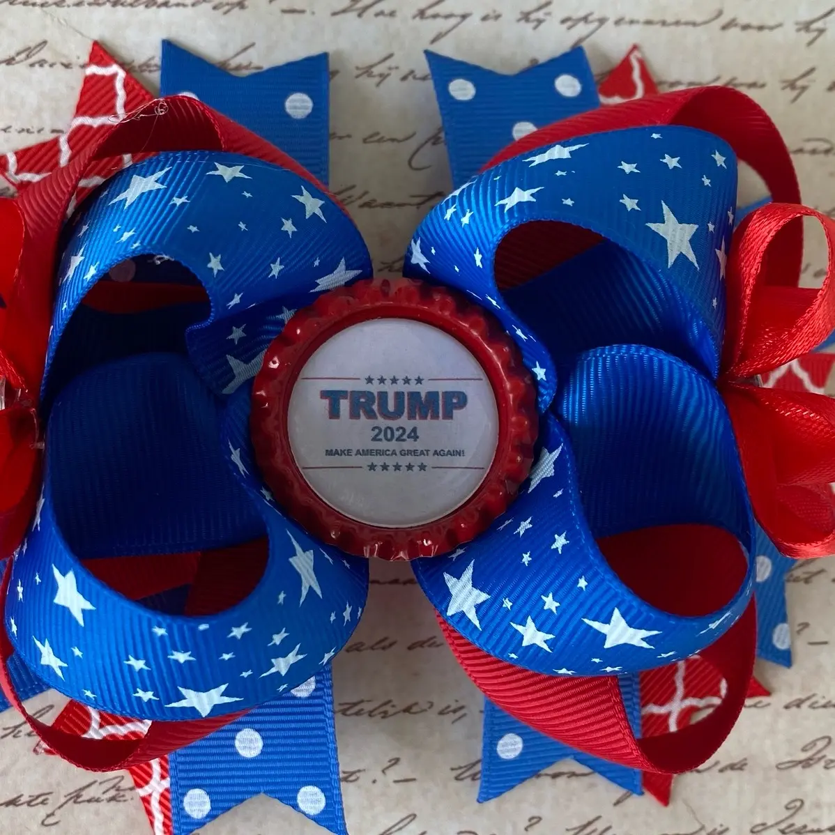 Trump 2024 Hair Bow Patriotic Hair Bow for Girls - 5 Inch Cotton Bow with Rhinestone Accents & Polka Dot Pattern - Show Your Support in Style