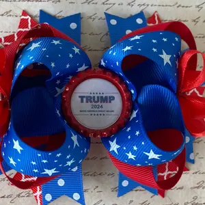 Trump 2024 Hair Bow Patriotic Hair Bow for Girls - 5 Inch Cotton Bow with Rhinestone Accents & Polka Dot Pattern - Show Your Support in Style