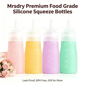 Mrsdry 12oz Silicone Condiment Squeeze Bottles, Leak Proof Sauce Bottles with Scale Mark & Interchangeable Nozzles, BPA Free Squeeze Containers for Oil, Honey, Ketchup, Dressings, Kitchen & Camping Use, 4 Pack, Gift for Mom