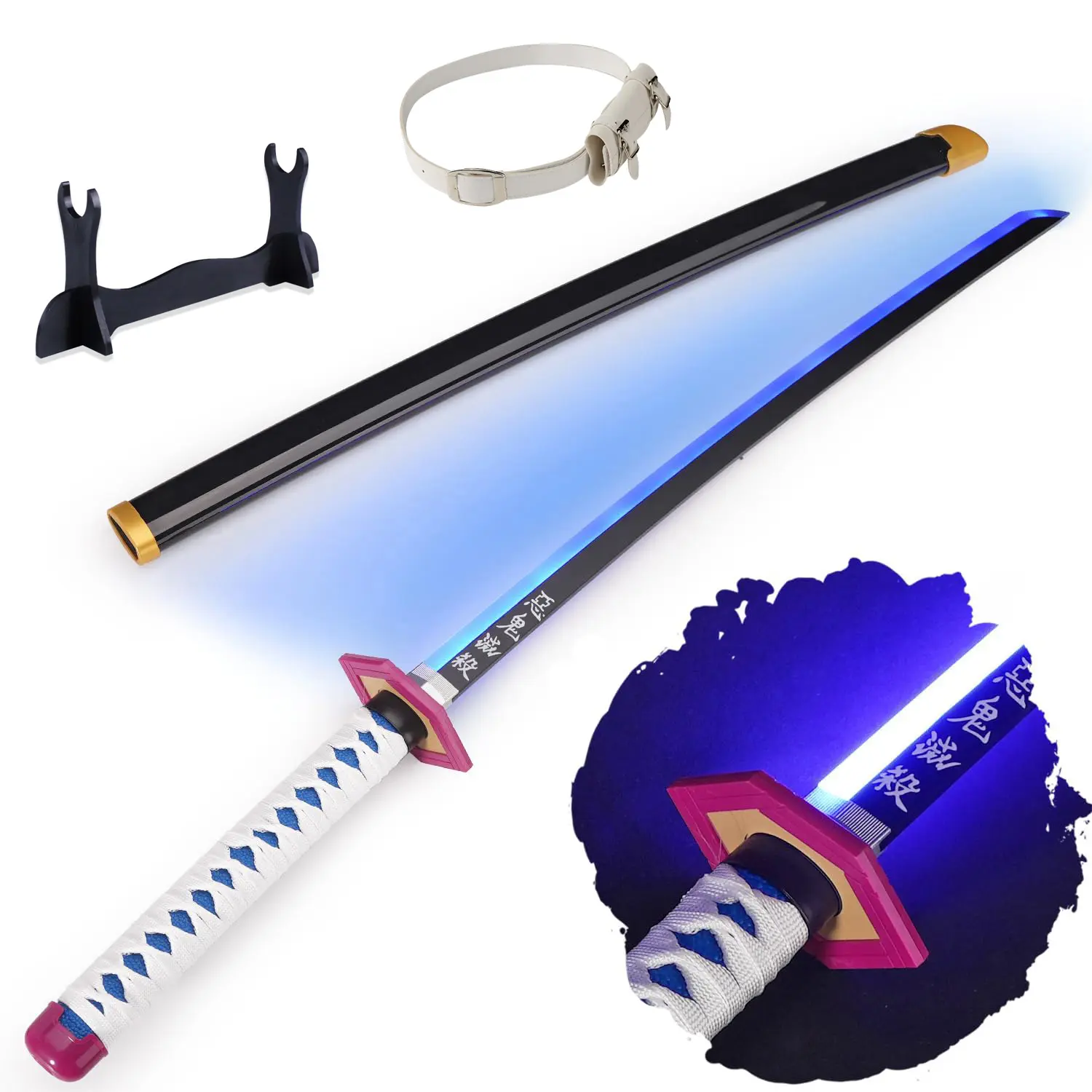 41-in LED Light Up Tomioka Giyuu Demon Slayer Sword, Cosplay Prop with Belt, Holder Stand Display, Anime Collectible for Fencing Fans & Cosplay Enthusiasts, Light Up Sword