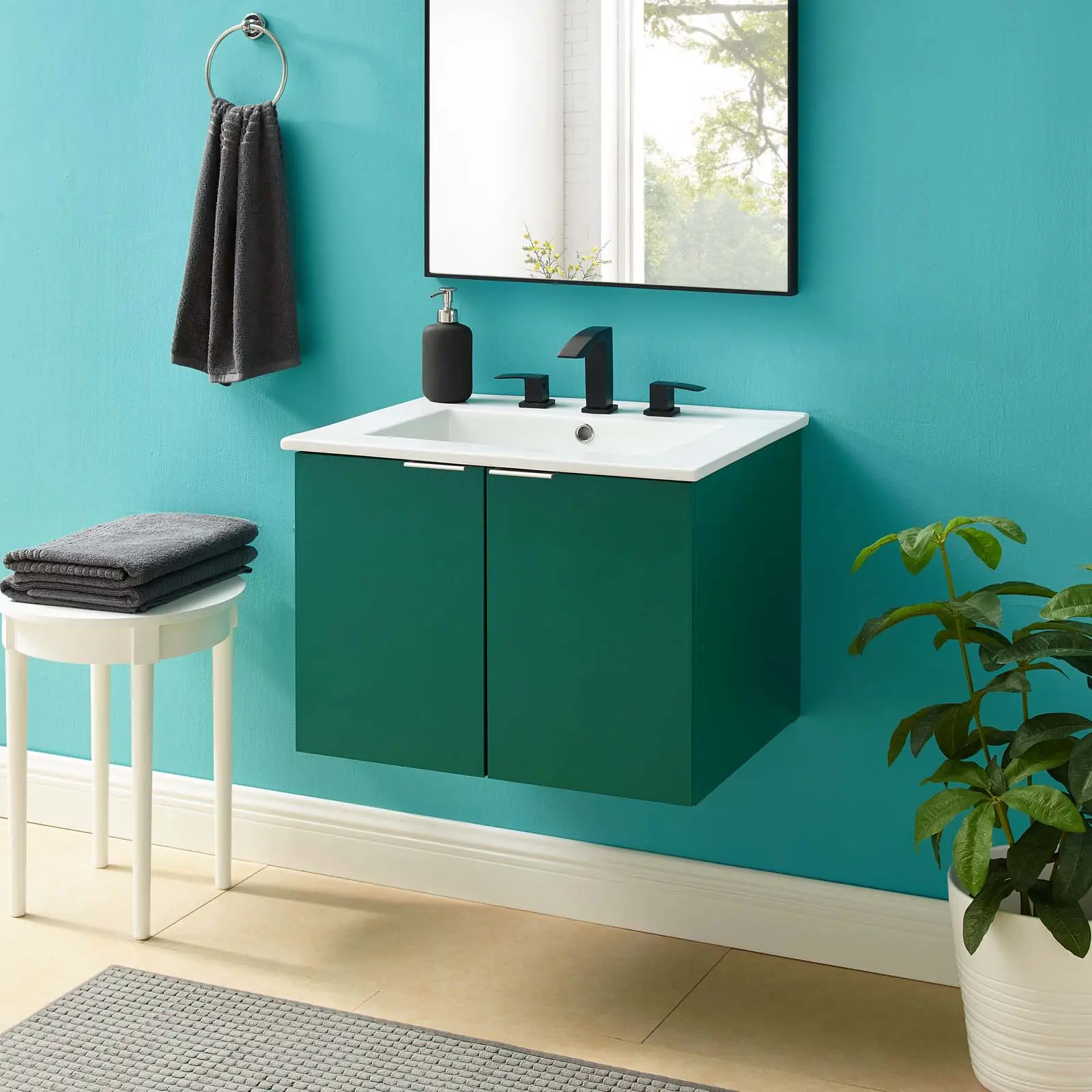 Modway Maybelle 24" Wall-Mount Green and White Bathroom Vanity, Modern Bathroom Fixture Set, Modern Bathroom Fixture Sets