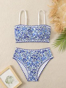 Retro High Waist Set for Beach Vacation, Stylish and Sexy Swimwear, Floral Bikini Top, Perfect for Summer Sunbathing, High Waisted Swimsuit, Floral Print Bikinis