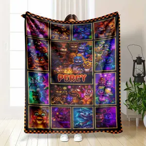 FNAF Security Breach Blanket Personalized Custom Name Five Nights at Freddy's Glamrock Freddy Monty Roxy Sun Moon Print Neon Gamer Aesthetic Soft Warm Fuzzy Throw Perfect for Gamer Room Bedroom Dorm Gift for Kids summerwins