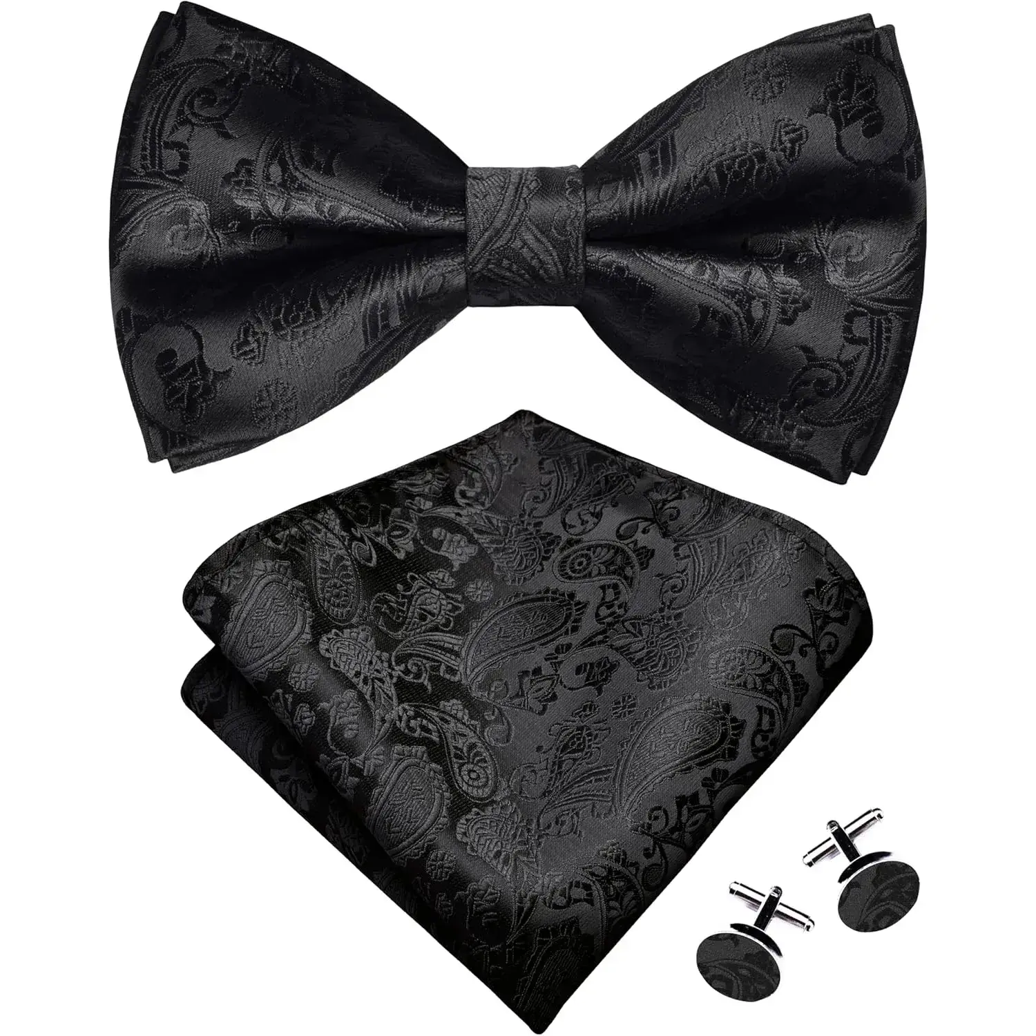 Men's Black Paisley Pre-Tied Adjustable Bow Tie Set - Jacquard Woven Handkerchief, Cufflinks, Formal Black Bowtie Fashion Accessory, Pocket Square