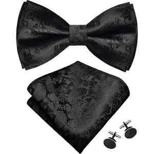 Mens Paisley Bow Tie Handkerchief Jacquard Woven Adjustable Pre-Tied Bowties Pocket Square Cufflinks Set