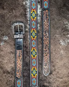 Myra Bag Polychrome Hand-Tooled Seed Bead Belt, Seed Bead Embellished Statement Belt, Stylish Statement Piece for Fashion & Clothes Accessories
