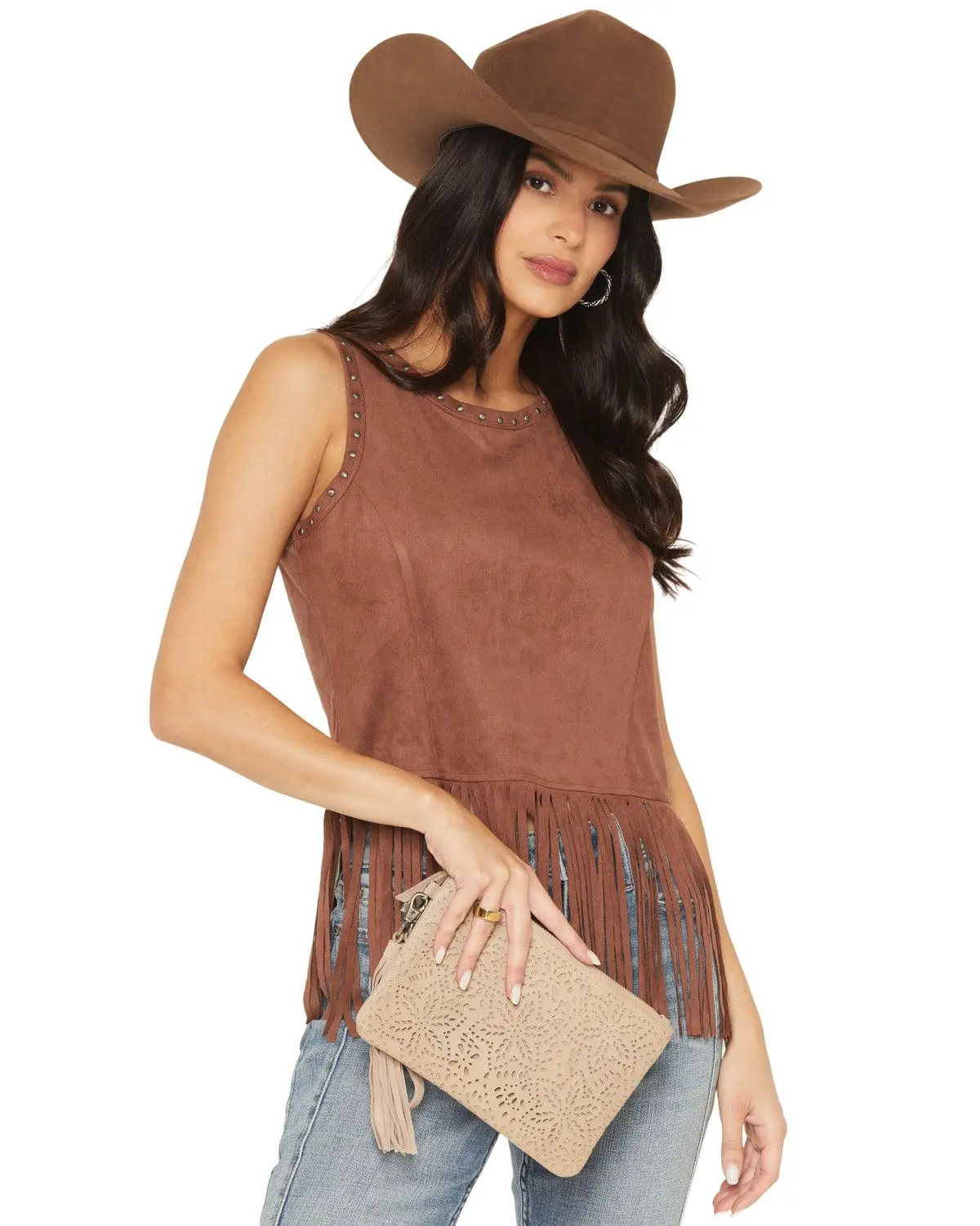 Shyanne Women's Women'S Avenly Floral Perforated Suede Wristlet Clutch - Saho25wt6-Tan