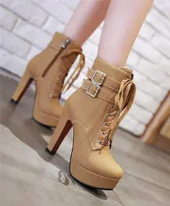 Women's Chunky Heel Platform Boots - 12CM High Heel Stiletto Style Waterproof PU Leather Lace-Up Casual Streetwear Boots