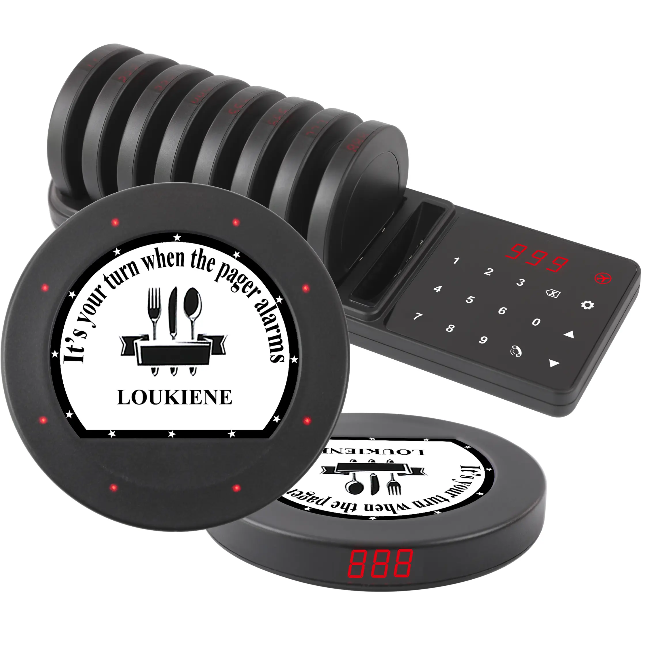 LOUKIENE Restaurant Pager System, 10 Coaster Pagers, Wireless Paging System Independent Quick Pairing Slot, 7 PromptModes, with Vibrate Flash Buzzer, Waiting Queue for Food Truck Church Clinic Pub Bar