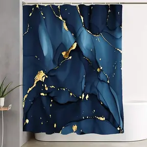 1/4pcsLuxury Navy Blue & Gold Liquid Marble Bathroom Set - Waterproof Bathroom Curtain Shower Curtain Sets (12 Hooks), Rectangular Rug, Contour Mat, Toilet Lid/Bidet Mat - Cozy Elegant Design for Spring Easter, Mother's Day Home Decor, Shower Essentials