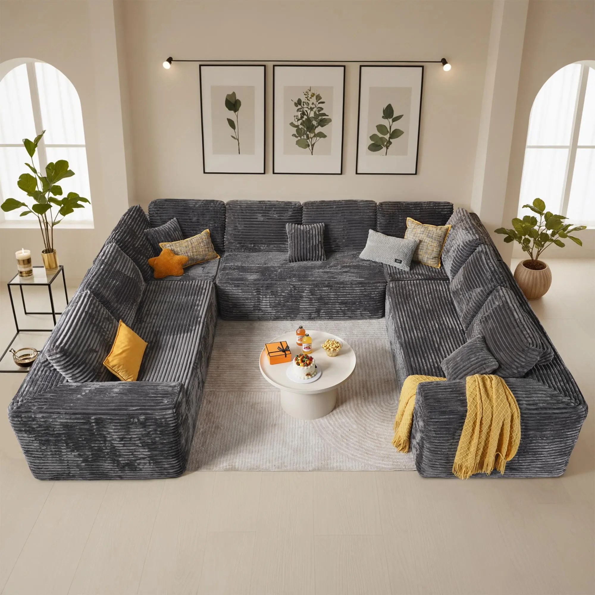 U-Shaped Cloud Sectional Sofa - Oversize Modern Modular Upholstered Couch with Deep Plush Corduroy Seat, No-Assembly Required Free Combination Indoor Furniture for Living Room, U Shaped Sofas