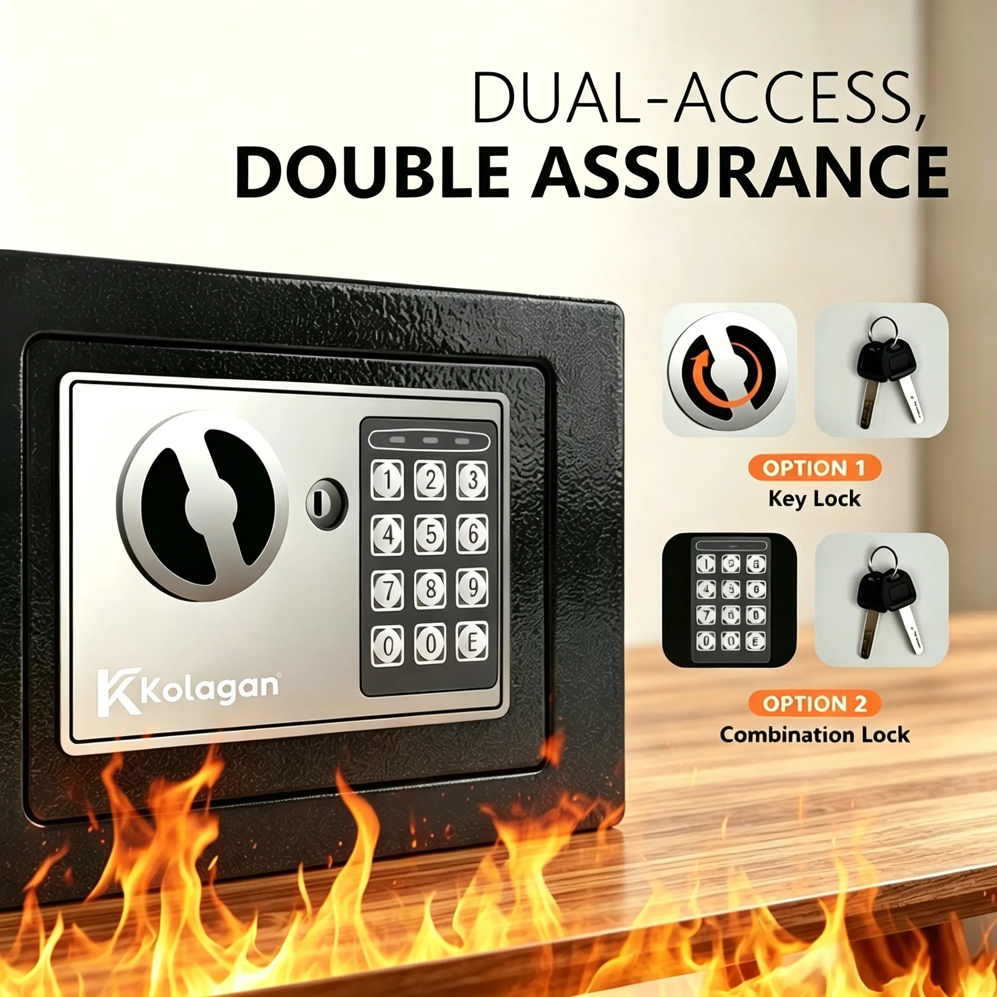 Mini Compact Solid Steel Safe Box with Reinforced Walls, Key-Passcode Lock, Access Kits - Home Office Secure Storage with Fireproof Waterproof Money Bag for Cash/Documents