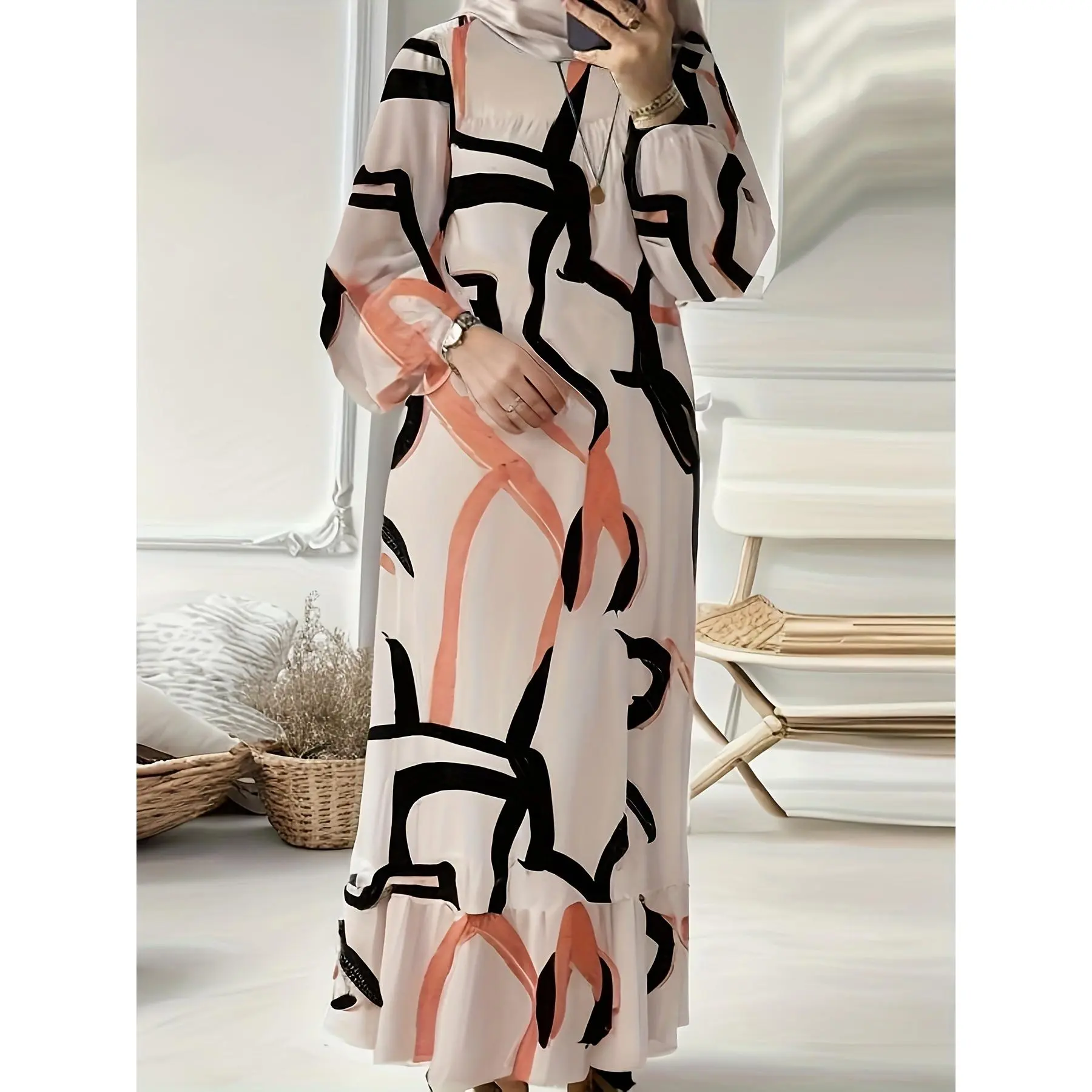 YYW1 Modest Geometric Print Maxi Dress - Women's Loose-Fitting Crew Neck Long Sleeve Polyester Fall Gown with Ruffle Hem, Machine Washable, H, Casual, Geometric-Pattern, Dry Clean, Elegant, All Over Print, Casual Wear, Longsleeves