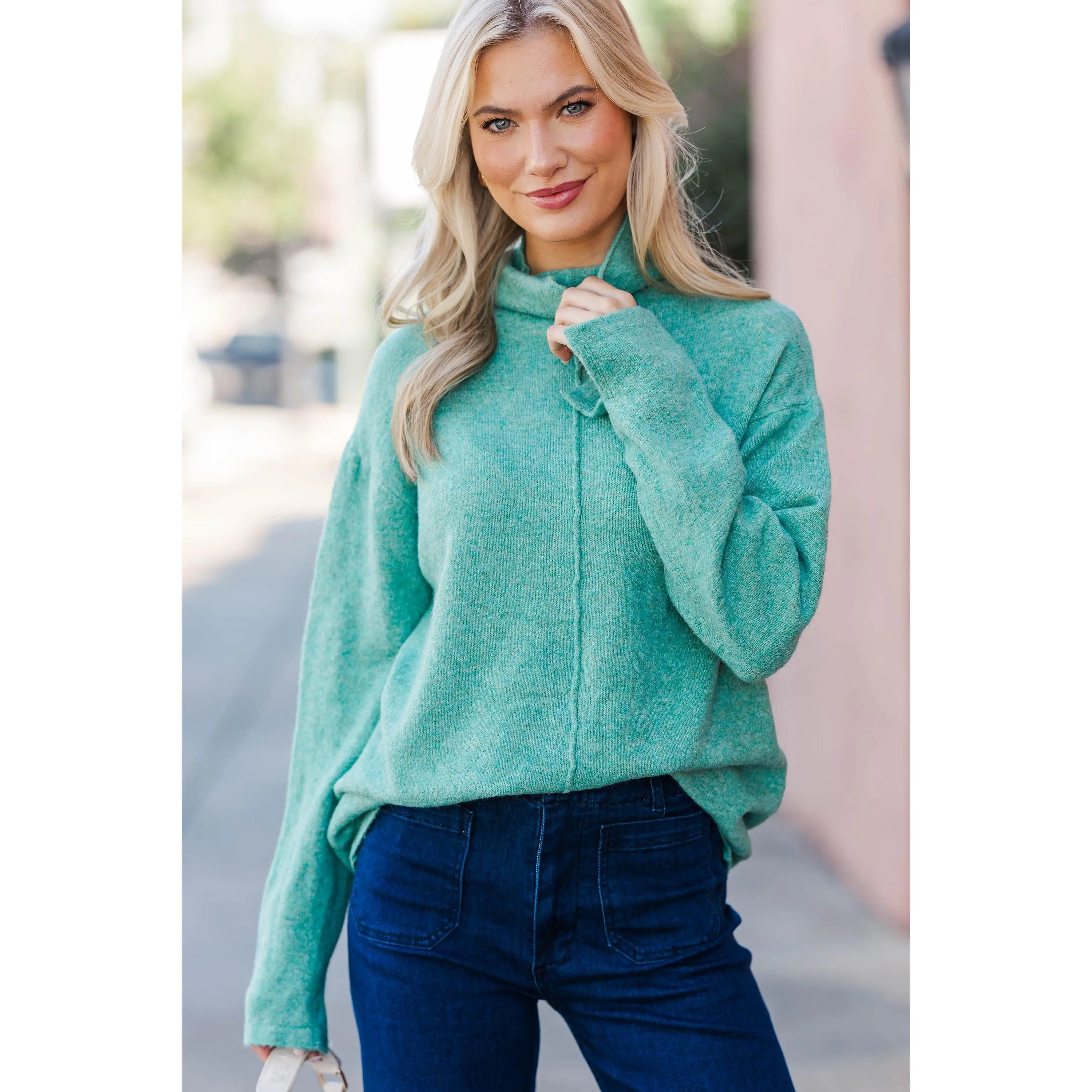 Hear It All Teal Mock Neck Sweater