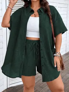 Plus Size Solid Button Front Drop Shoulder Blouse & Drawstring Waist Shorts Set without Cami Top, Boho Casual Half Sleeve Top & Bottoms for Daily Wear, Women's Outfits for Summer