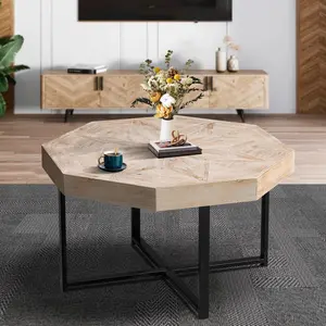30-Inch Antique Wood Octagonal Vintage Patchwork Craft Coffee Table, Cross Metal Legs, Farmhouse Style for Living Room