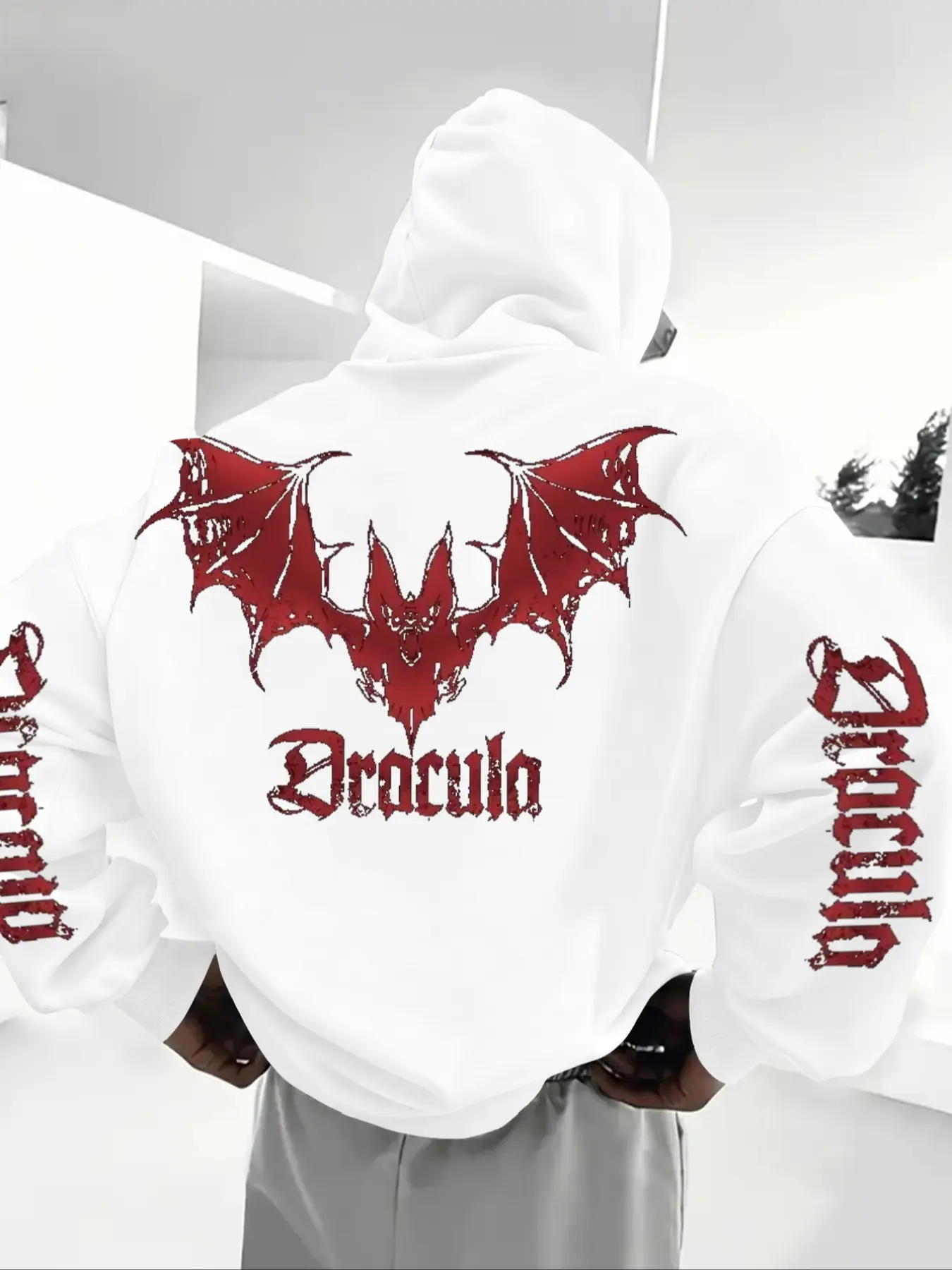 Men's Fall Winter Gothic Dracula Bat Print Hoodie, Street Style Casual Fitted Sweatshirt, Dark Fashion Graphic Pullover, Batwing Sleeve Hoodie, Gothic Hoodies