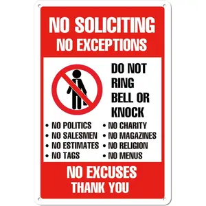 8x12 Inch No Soliciting Metal Warning Tin Sign, No Knock No Salesmen Front Door Wall Plaque, Weatherproof Yard Home Decor, Practical Gift For Home Owners