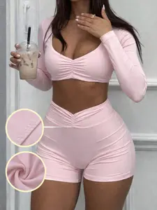 Women Pink 2 Piece Womenswear Basic Lounge Set Ruched Crop Top Long Sleeve Sweetheart V Neck High Waisted Shorts Soft Stretchy Fit Bodycon Matching Set Cute Feminine Y2K Coquette Athleisure Workout Yoga Pilates Homewear Pajama Set
