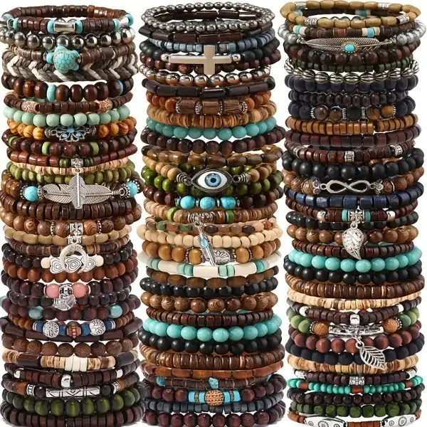 87Pcs Unisex Handmade Bracelet Bangle Set - Ethnic Boho Stone, Coconut Shell Accents, Mixed Colors, Beaded Arm Candy, Ideal for Gifting Friends, Bracelet Stacking Accessories