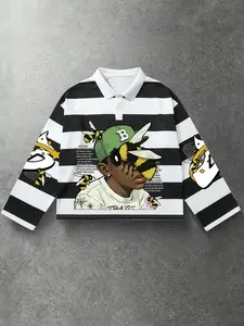 1 Piece Men's Long-Sleeve Polo Shirt, Streetwear Style with Black-White Stripe, Graphic Bee and Poetic Text Print for Casual Daily Wear and Outings
