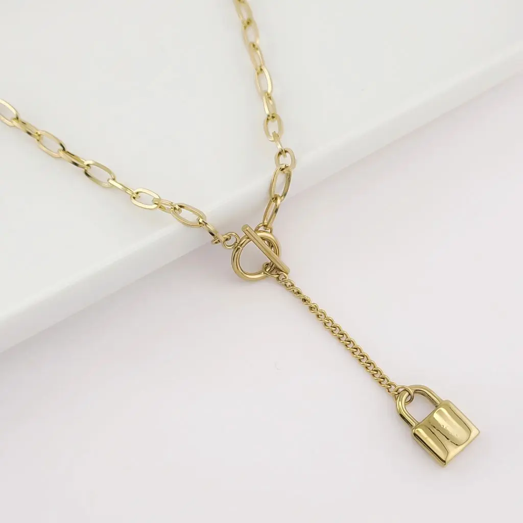 Stainless Steel Slim Gold Paperclip Chain Toggle Necklace -Lock Charm,  Casual Anytime Wear Jewelry, Female