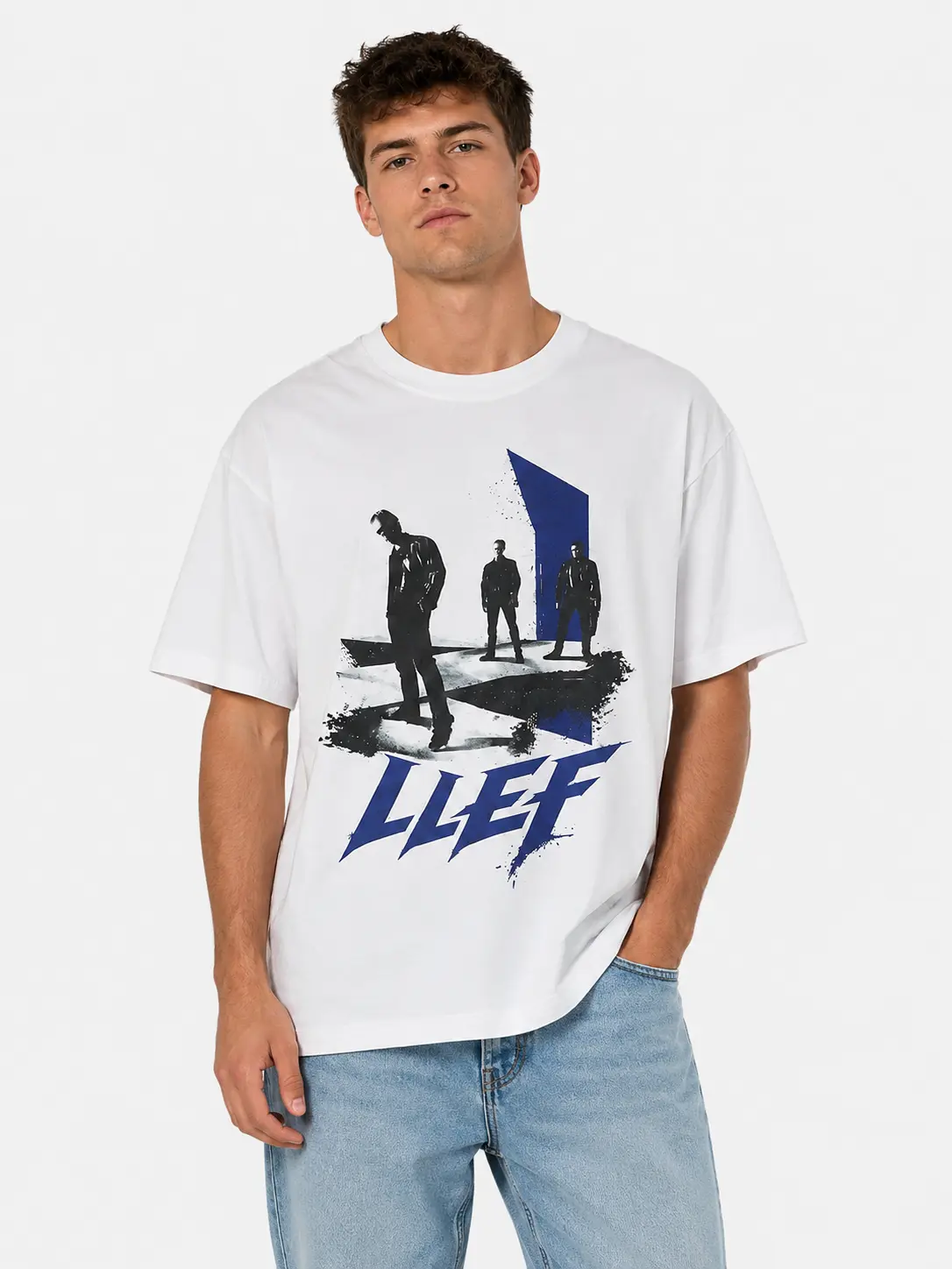 Men's Abstract Trio Portrait Graphic T-Shirt, Oversized White Short Sleeve Crew Neck Tee, Navy Blue Front and Back Print, Urban Streetwear Top